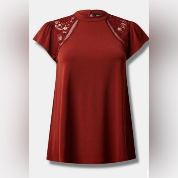 torrid Tops - Torrid Mock Neck Crepe Jersey Lace Inset Top Brown Sz 1 (14/16) NWT